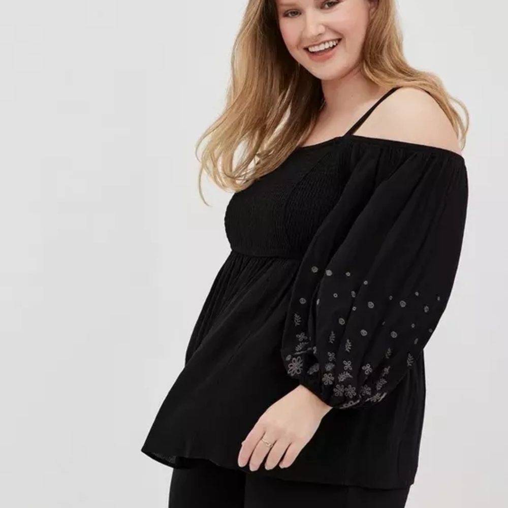 Black Gauze Embroidered Cold Shoulder Top | Smocked Boho Blouse Size 2 image 2